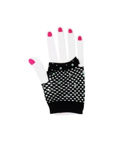 Black Fishnet Short Gloves With Crystals