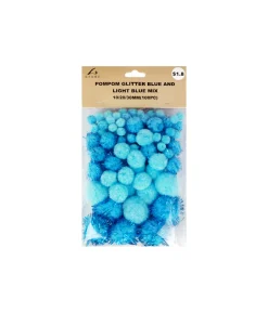 Blue Glitter Pom Poms Assorted 100pc