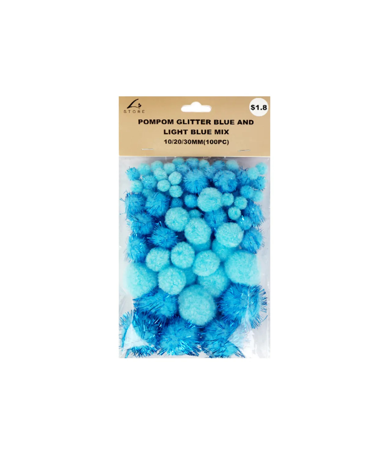 Blue Glitter Pom Poms Assorted 100pc