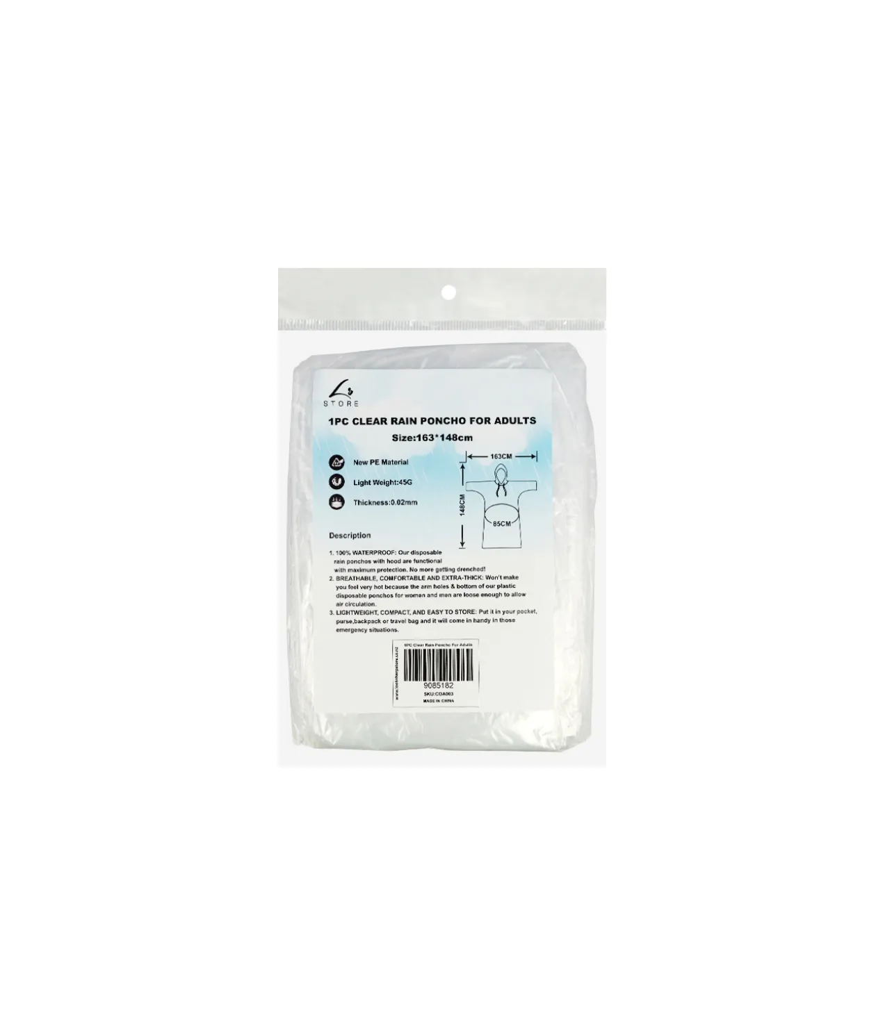 Clear Adults Rain Poncho 163cm