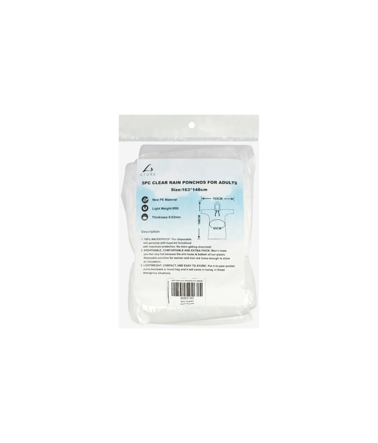 Clear Adults Rain Poncho 163cm 5pk
