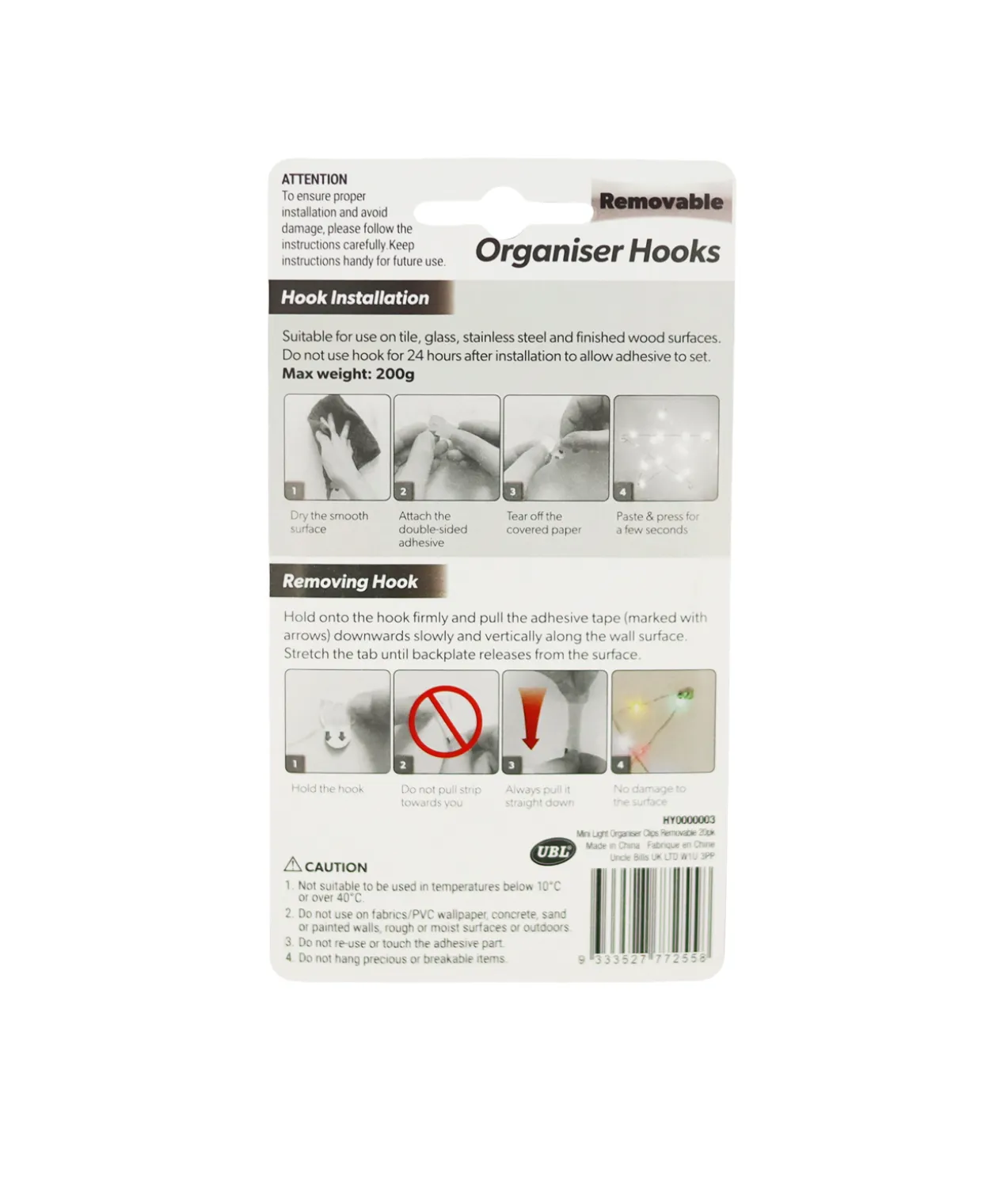 Clear Mini Decorating Removable Organiser Hook 20pk