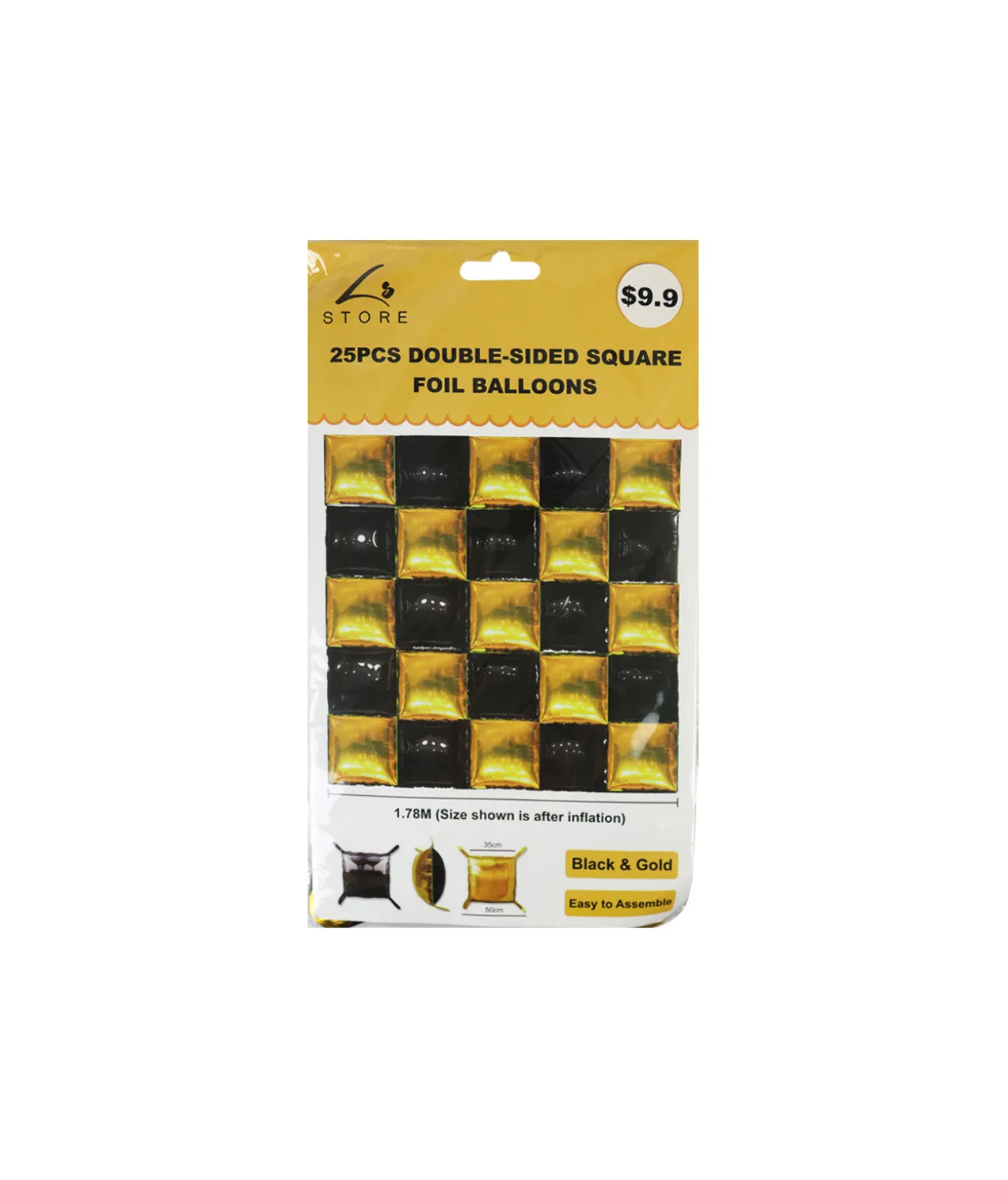 Gold & Black Double-Sided Square Foil Balloon 25pc