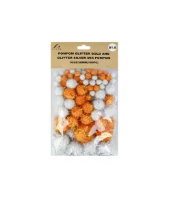 Gold & Silver Glitter Pom Poms Assorted 100pc