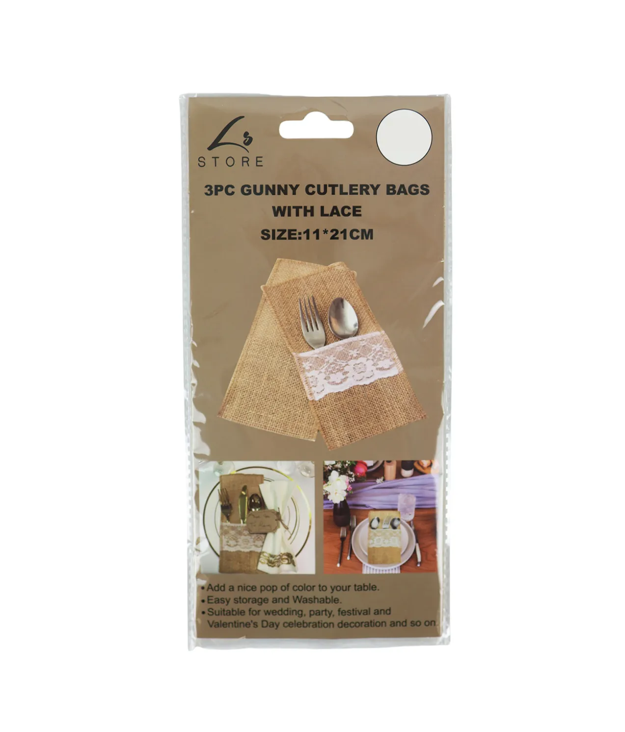 Gunny Cutlery Bags With Lace 11x21cm 3pc