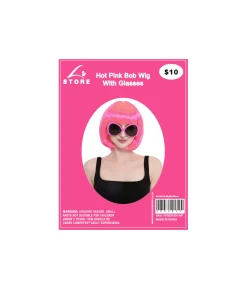Hot Pink Bob Wig With Glasses Set