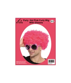 Hot Pink Curly Wig With Glasses Party Set