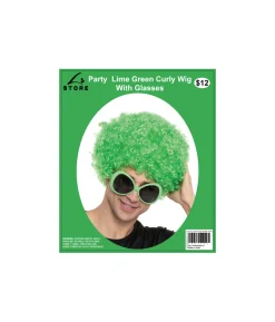 Lime Green Curly Wig With Glasses Party Set