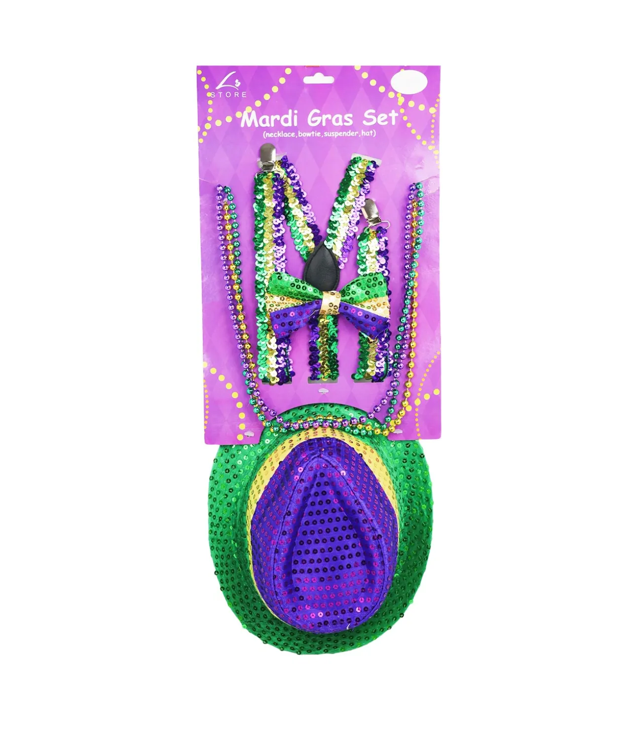 Mardi Gras Set – Necklace, Bowtie, Suspender, and Hat