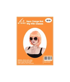 Neon Orange Bob Wig With Glasses Set