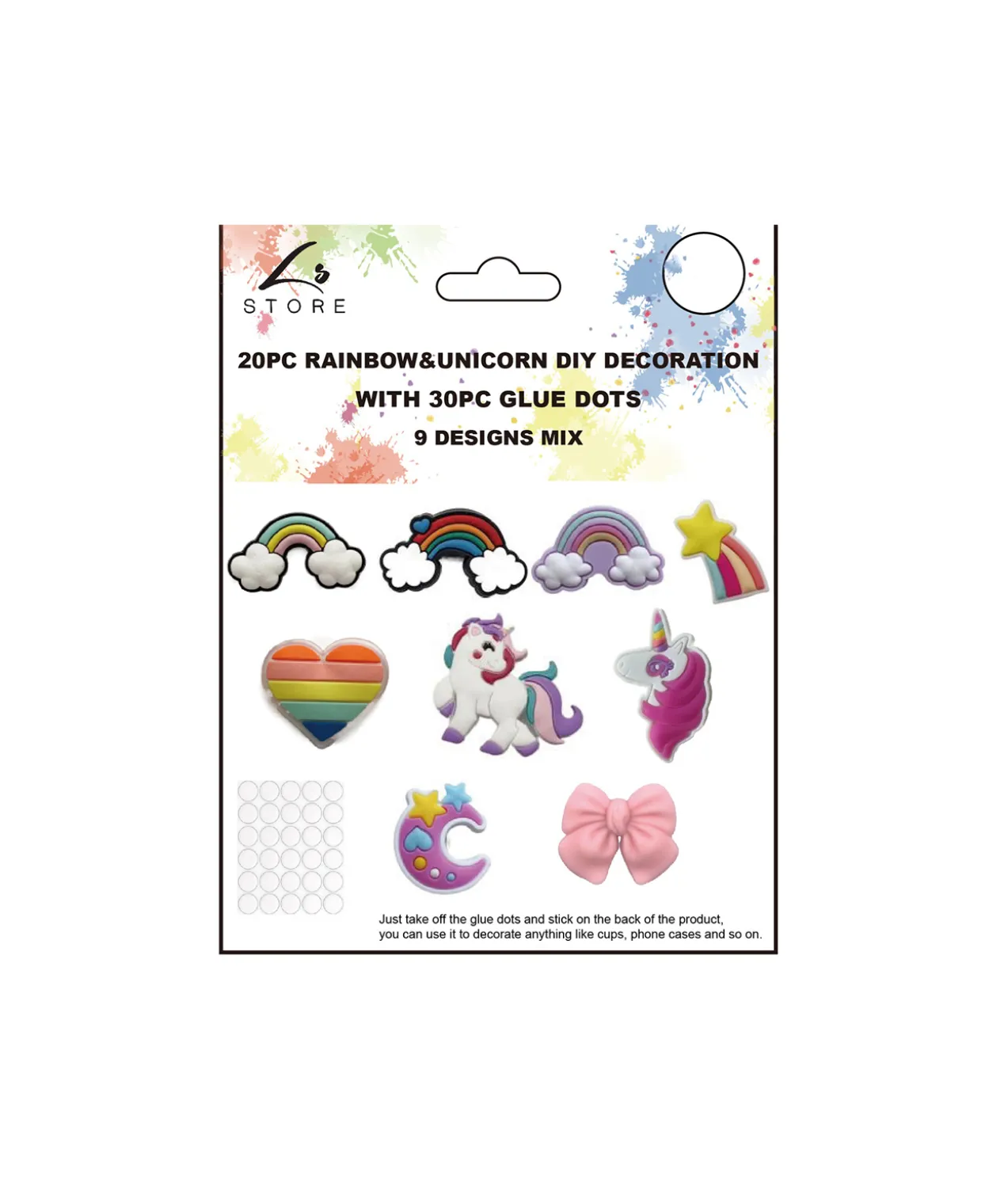20pc Rainbow&Unicorn DIY Decoration with 30pc Glue Dots