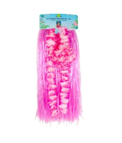 Pink Flowered Hawaiian Grass Skirt Set 5pc
