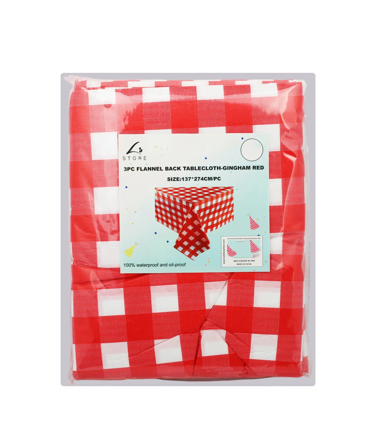 Red Gingham Flannel Tablecloth 3pc