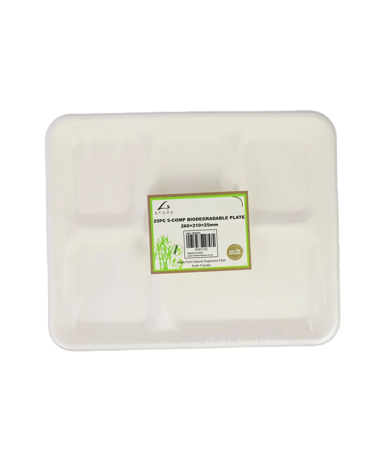 5 Section Biodegradable Plates 25pc 260 x 210 x 25 mm