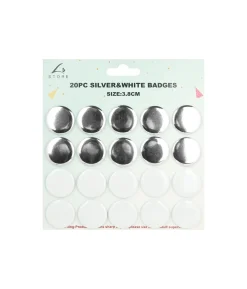 Silver & White Badges 3.8cm 20pk