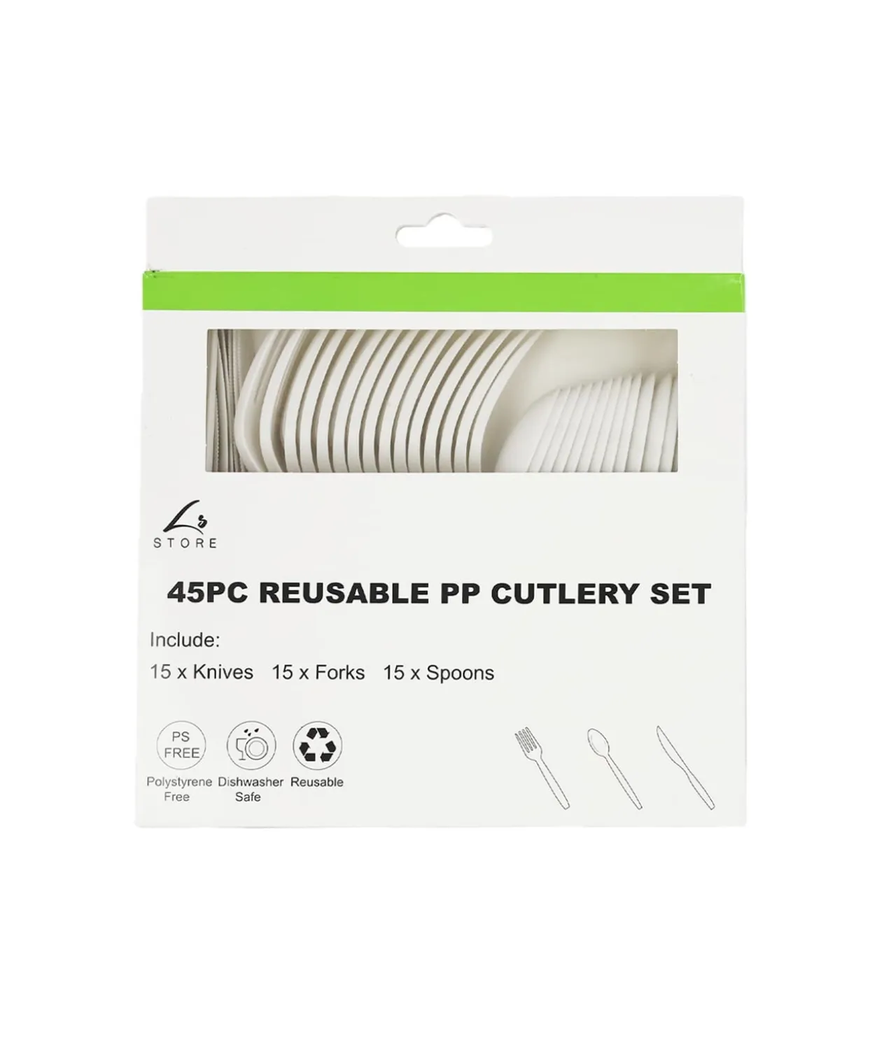 White PP Reusable Cutlery Set 45pc